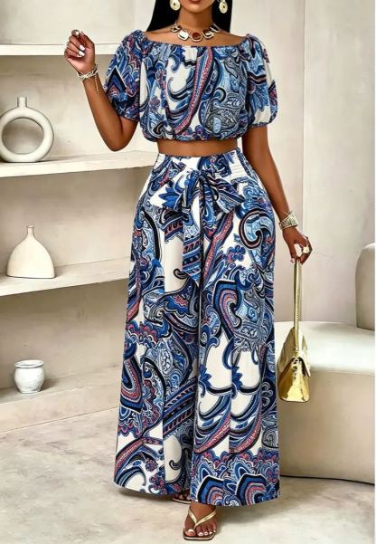 Women's Vintage Paisley Print Aesthetic Vacation Two-Piece Sets