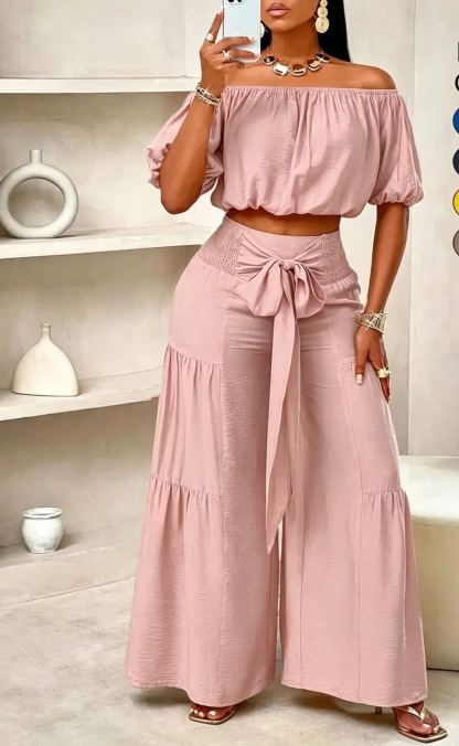 Women's Beach Vacation Bow Shoulderless Round Neck Shirt Wide Leg Pants Sets