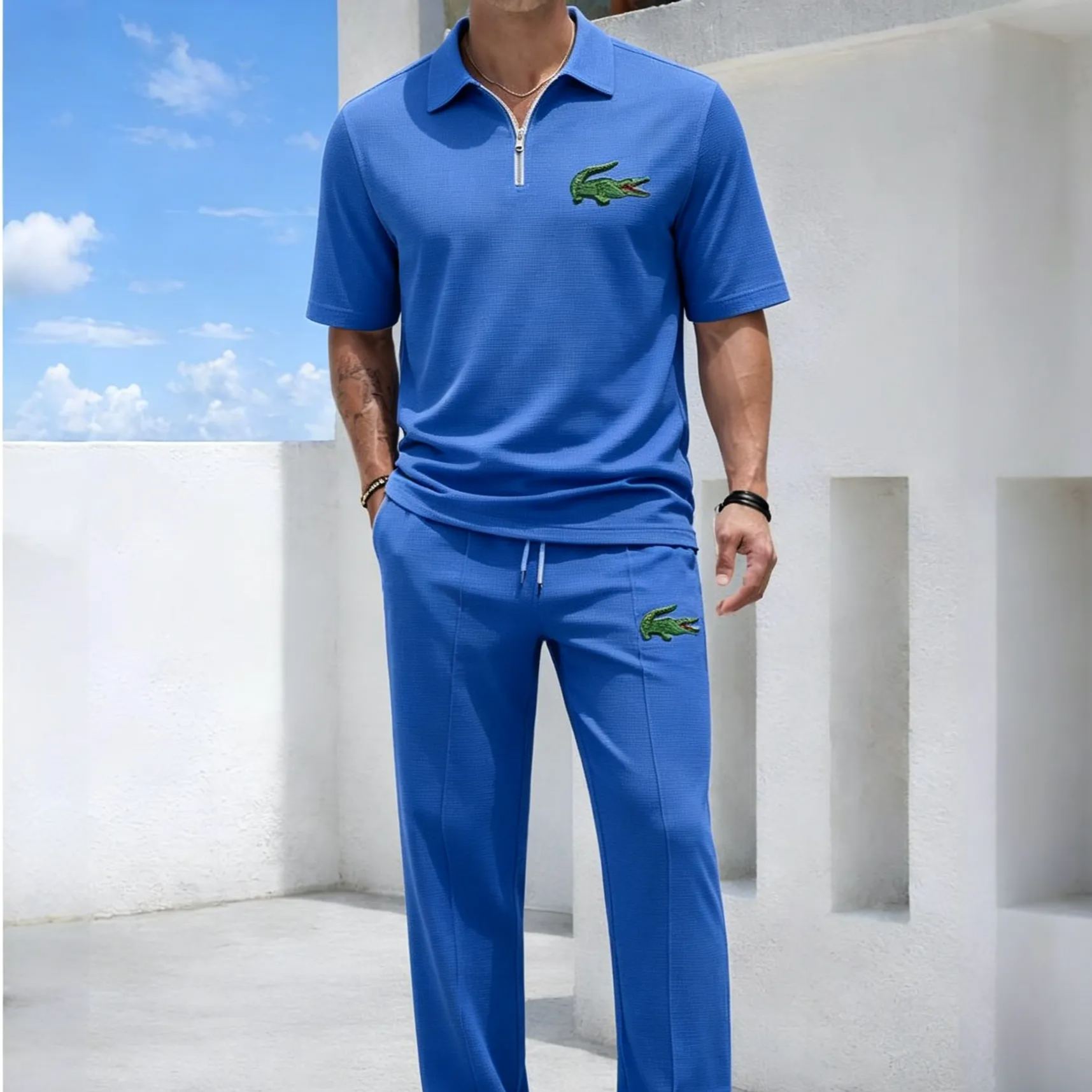Men's Mechanical Crocodile Print Waffle-Knit Polo Shirt Set