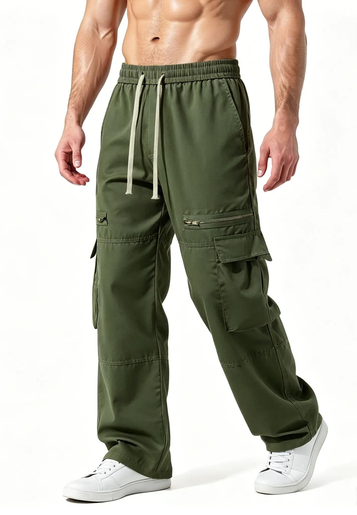 Men's Functional Side Zip Pockets and Adjustable Drawstring Regular Fit Cargo Pant