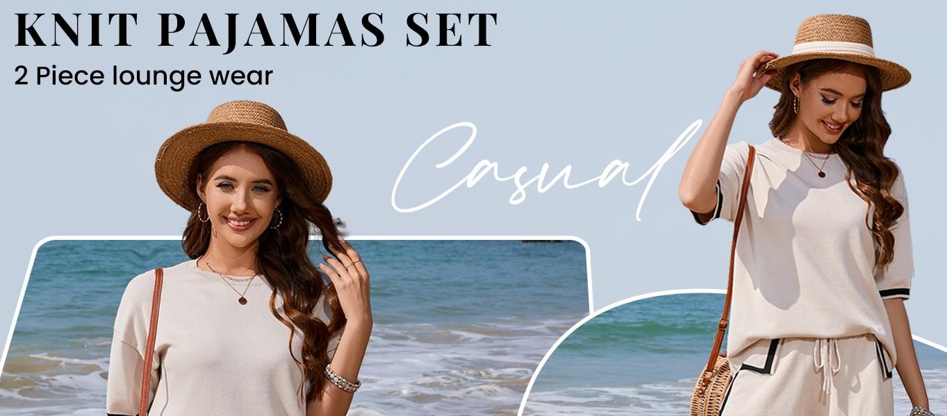 EKOUAER Spring Women's knitted two-piece comfortable set of short- summer sleeved pullover pajamas, casual nightwear, elasticated