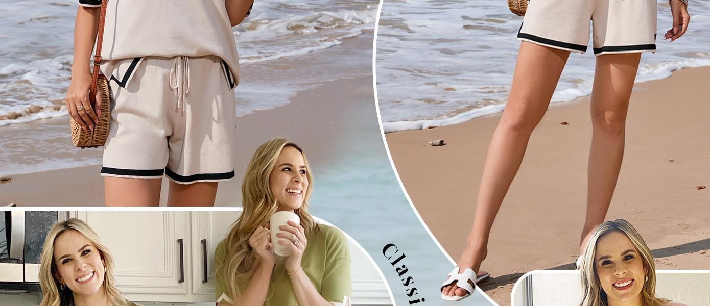 EKOUAER Spring Women's knitted two-piece comfortable set of short- summer sleeved pullover pajamas, casual nightwear, elasticated