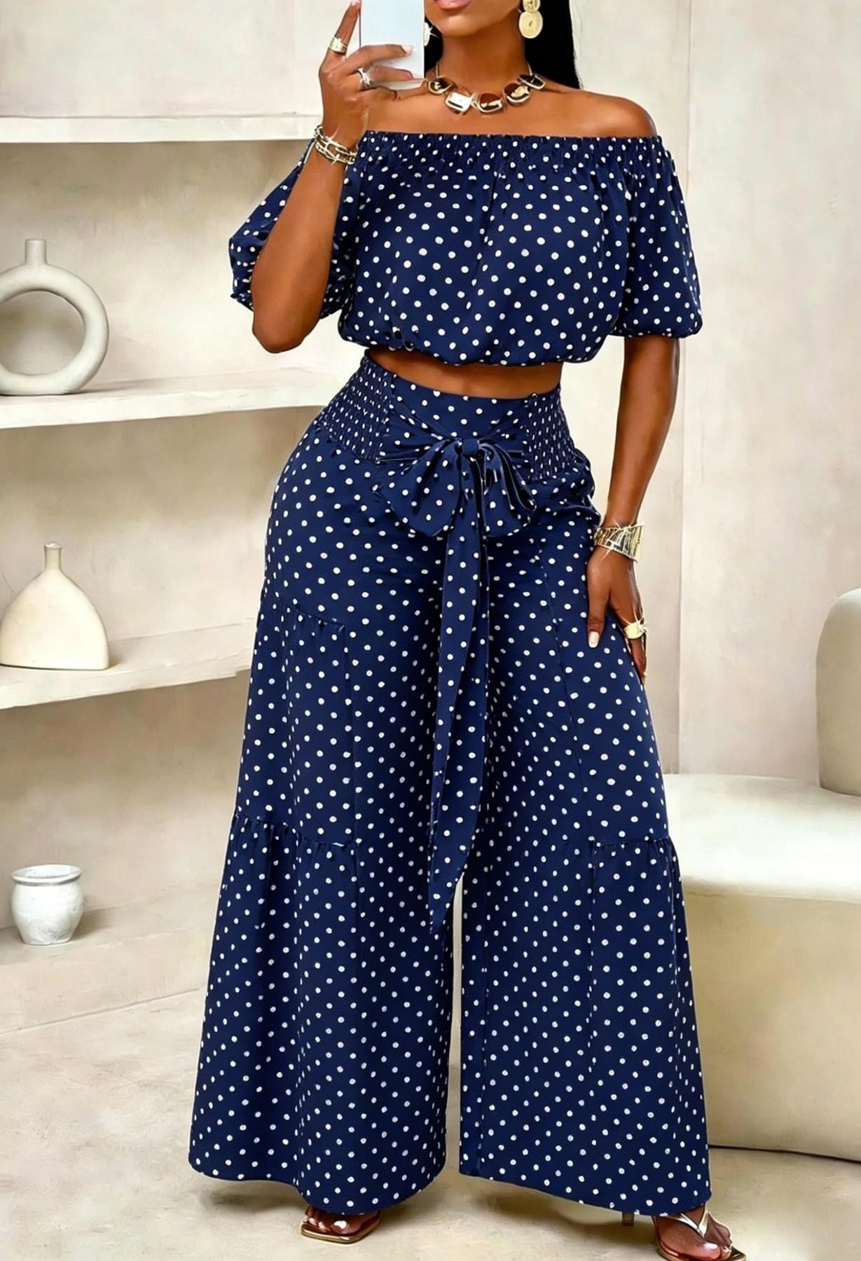 Women's Spring Summer Polka Dot Casual Chic Vacation Two-Piece Set, Off-Shoulder Short Top + High-Waisted Wide Leg Pants, Fitted Clothing Set