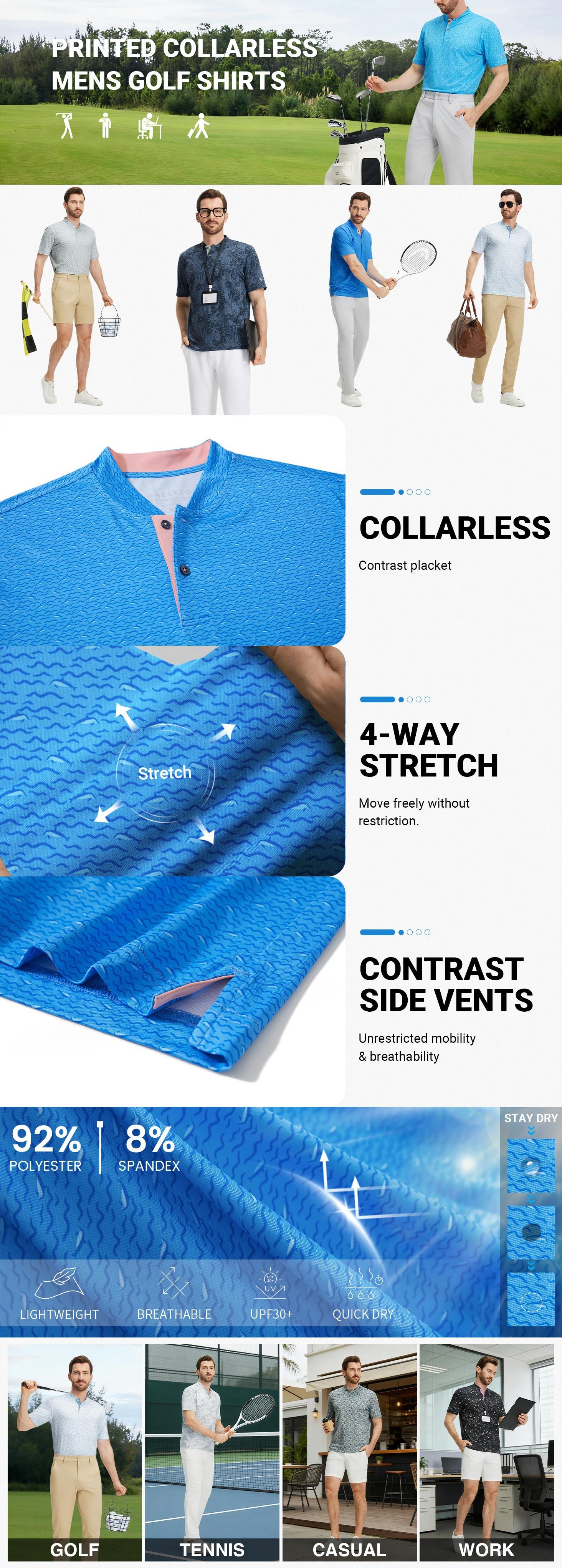 M MAELREG Golf Shirts for Men Collarless Performance Dry Fit Stretch Henley Casual Printed Mens Polo Shirts Short Sleeve M MAELREG Golf Shirts for Men Collarless Performance Dry Fit Stretch Henley Casual Printed Mens Polo Shirts Short Sleeve