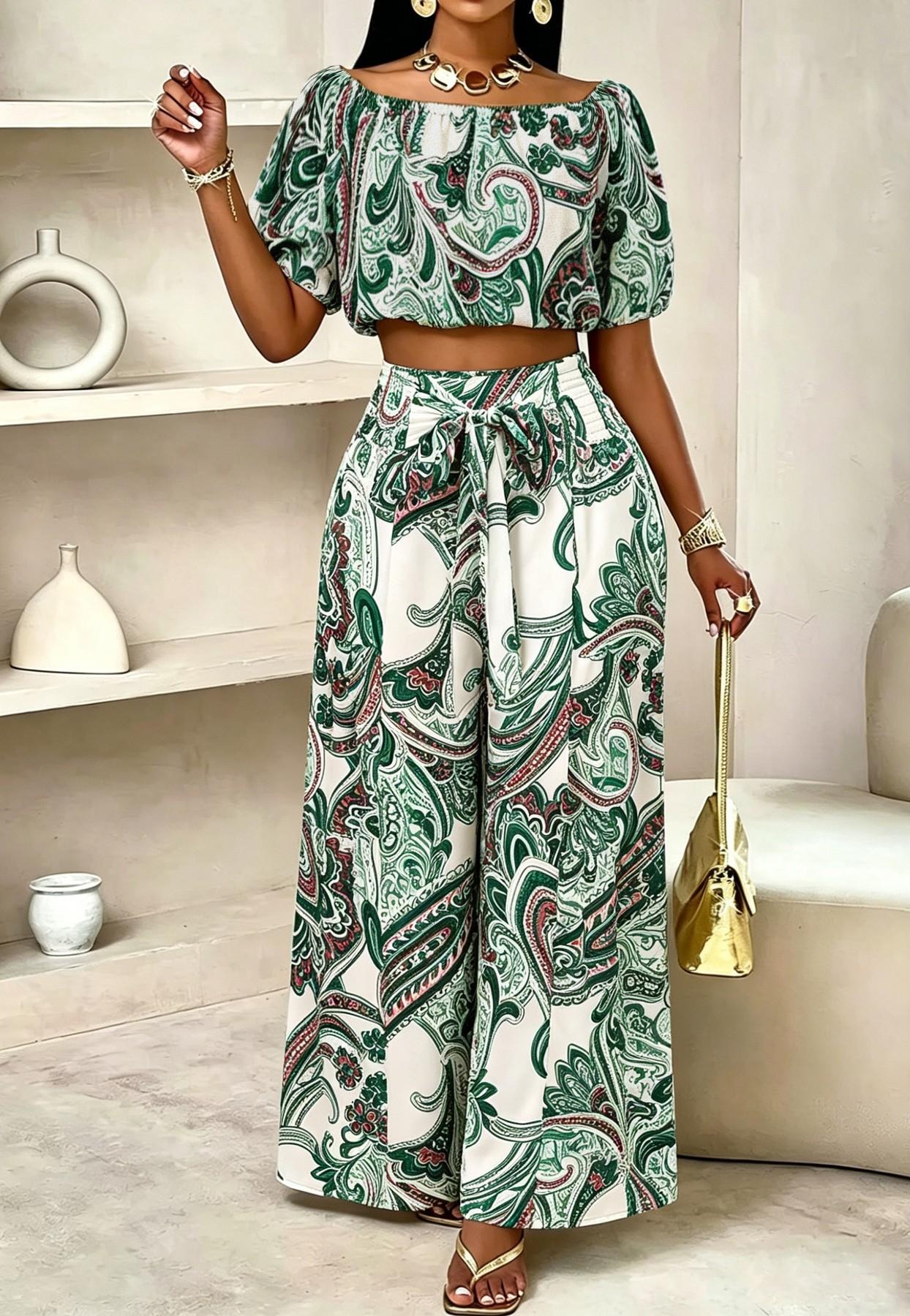 Women's Summer Paisley Print Vintage Aesthetic Vacation Two-Piece Set, Off-Shoulder Bubble Sleeve Crop Top + High Waist Drawstring Wide Leg Pants
