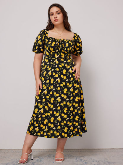 Fruit Square Neck Puff Sleeve Midi Dress Curve & Plus