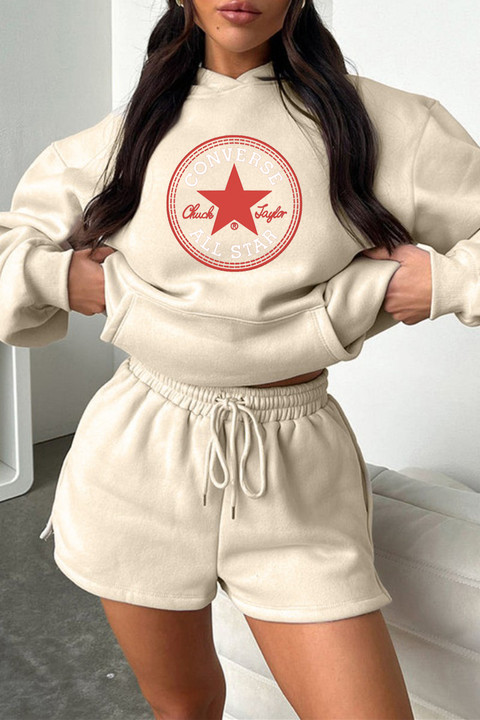 Converse Apricot Casual Solid Basic Hooded Collar Long Sleeve Two Pieces 
