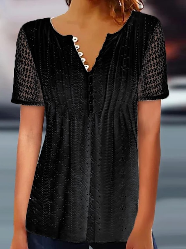 Women's Shirt Blouse Black White Plain Lace Button Short Sleeve Casual Basic Round Neck Regular