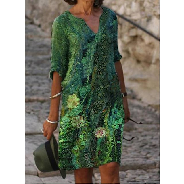 Women‘s Casual Dress Ethnic Dress Shift Dress Midi Dress Leopard Black White Half Sleeve Floral Print 