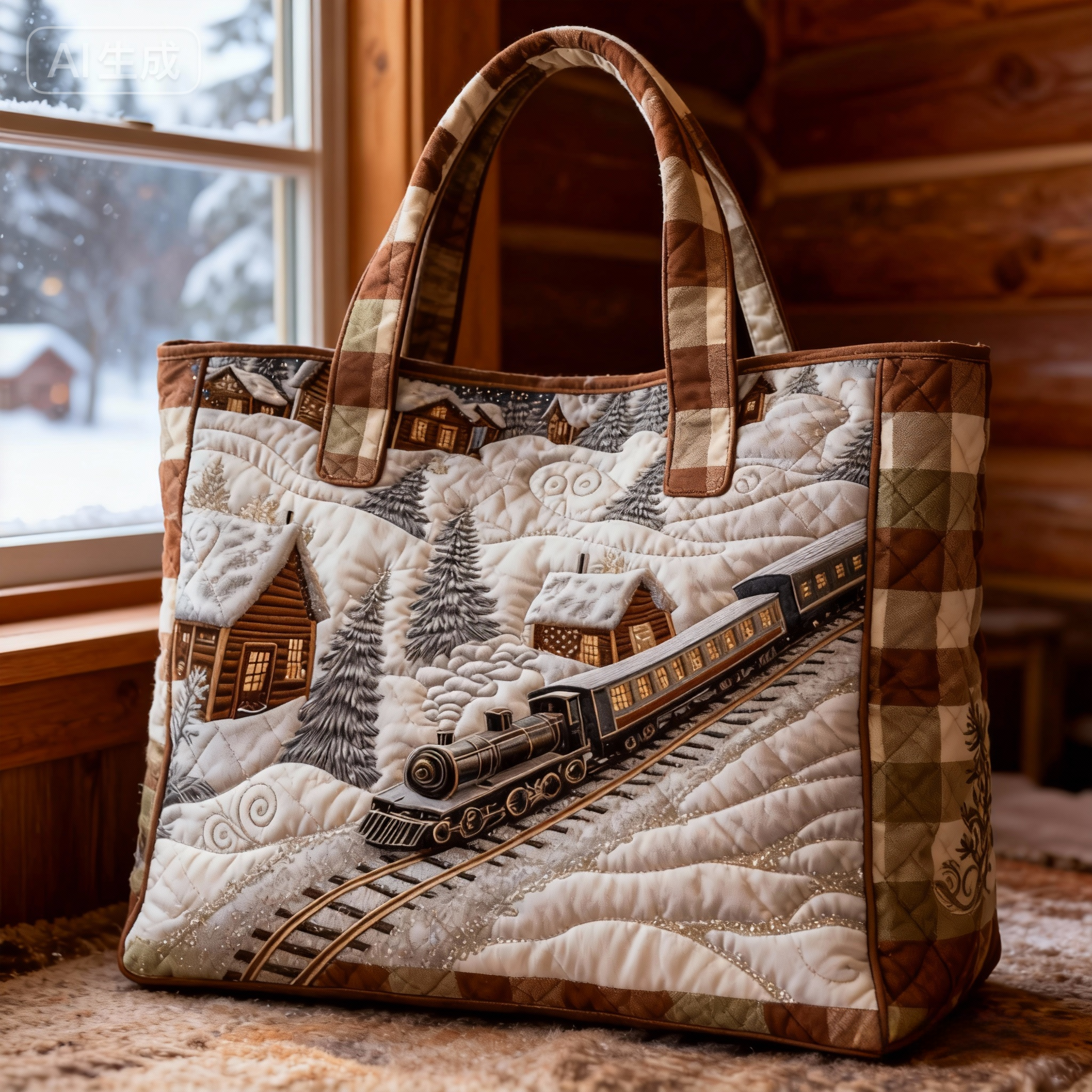 Snow Train Checkered Quilted Tote Bag  