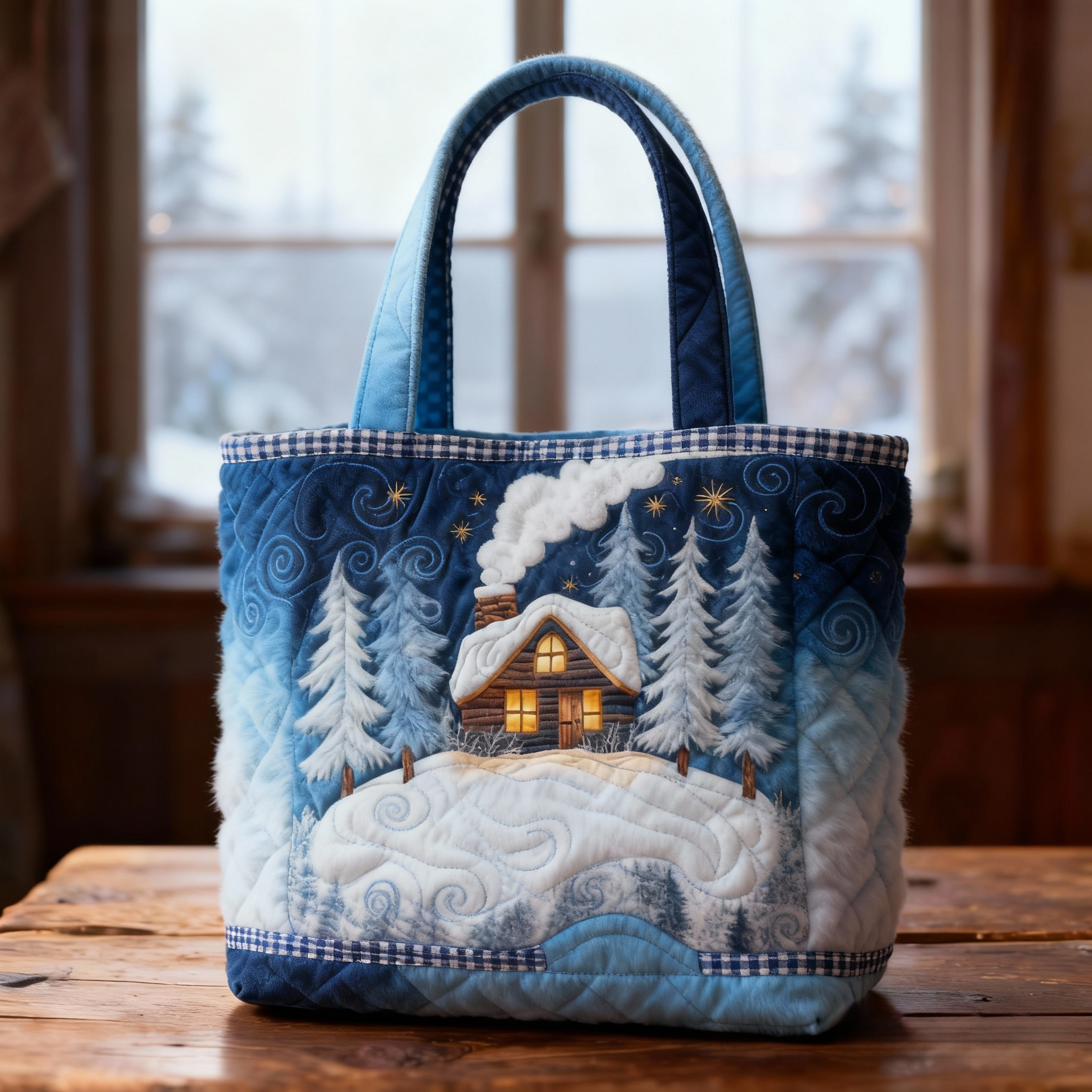 Snowy Pine Tree Christmas House Quilted Tote Bag  