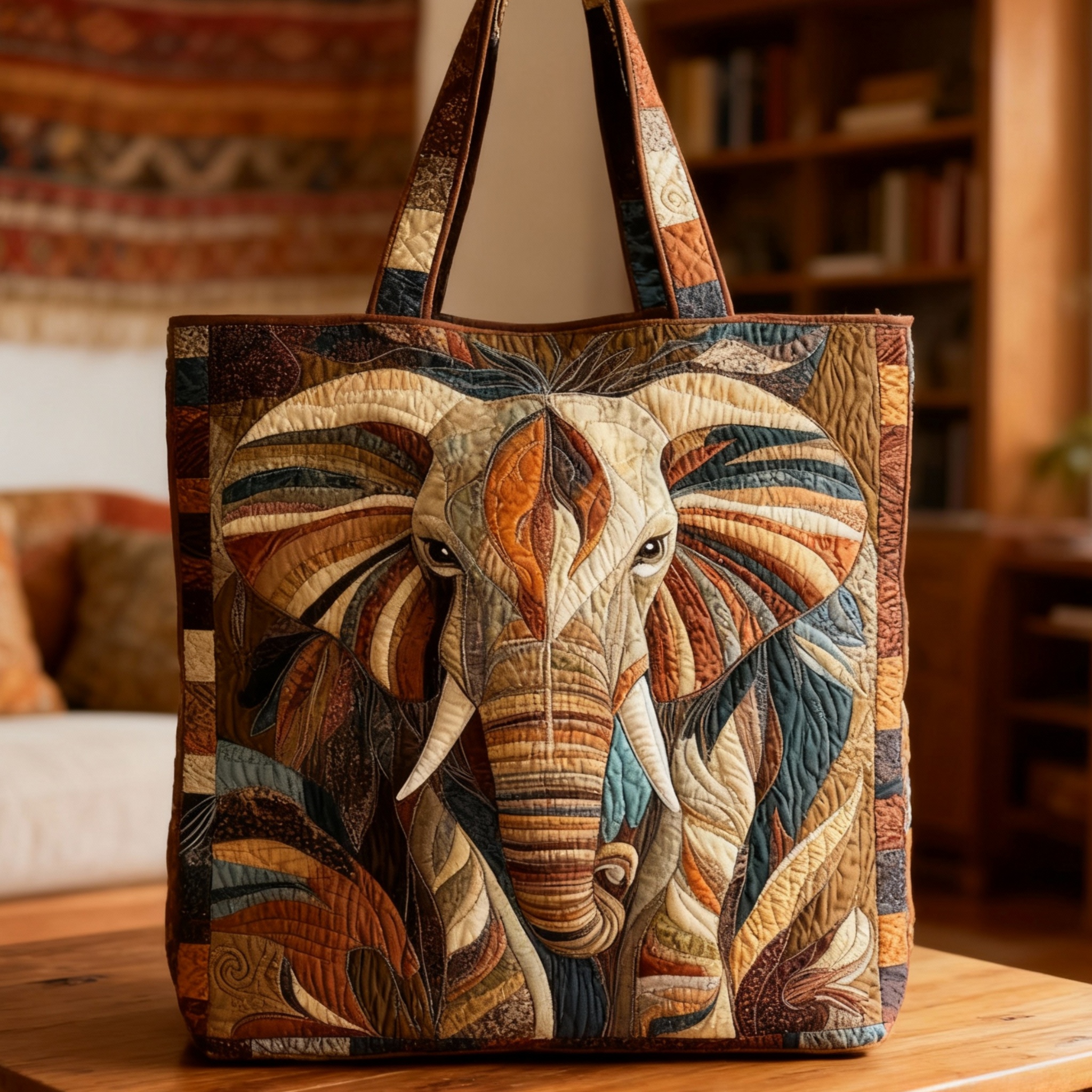 Ethnic Art Elephant Quilted Tote Bag  