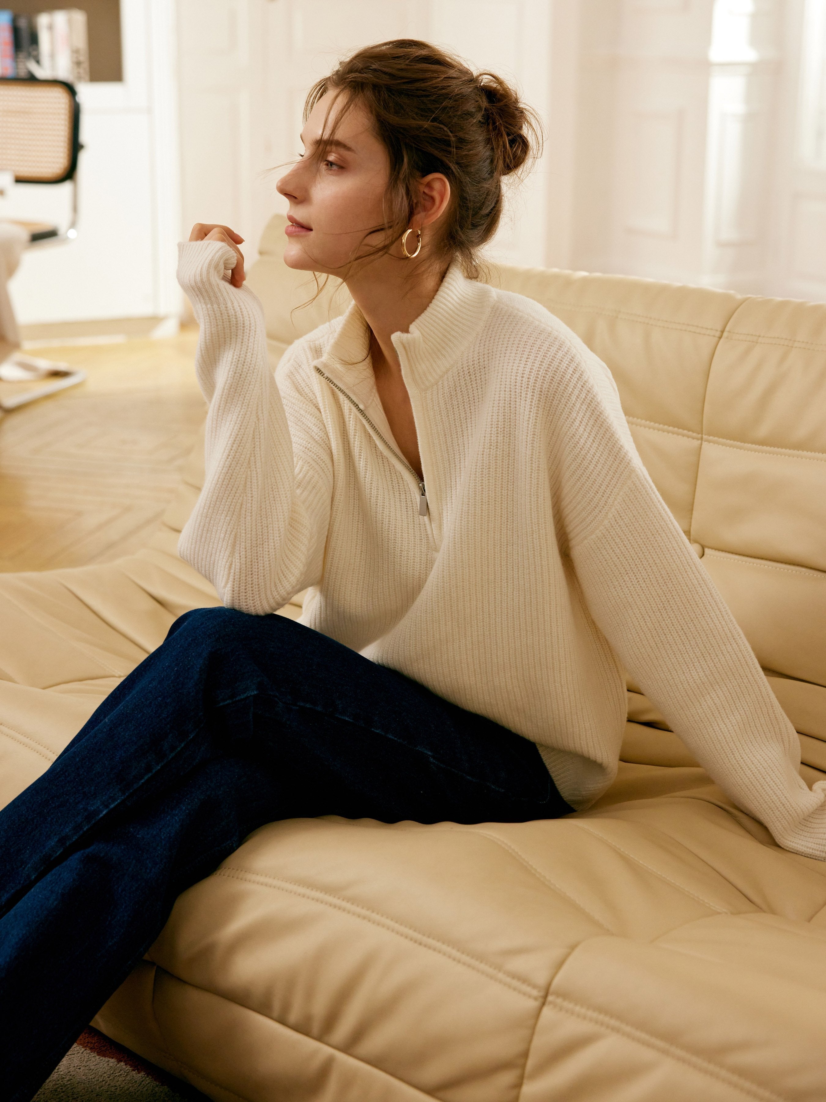 Rowan 100% Merino Wool White Quarter-Zip Relaxed Fit Pullover