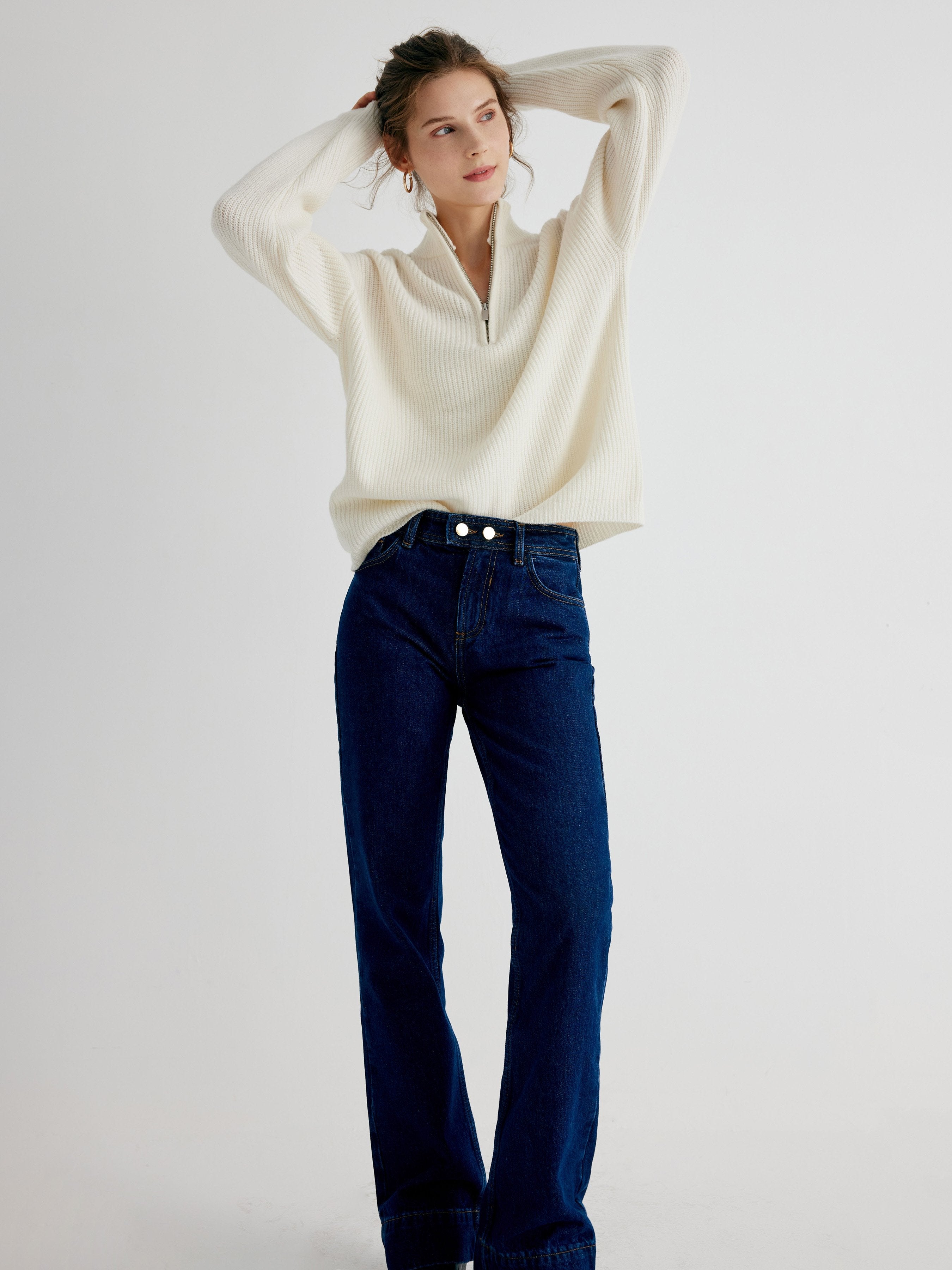 Rowan 100% Merino Wool White Quarter-Zip Relaxed Fit Pullover
