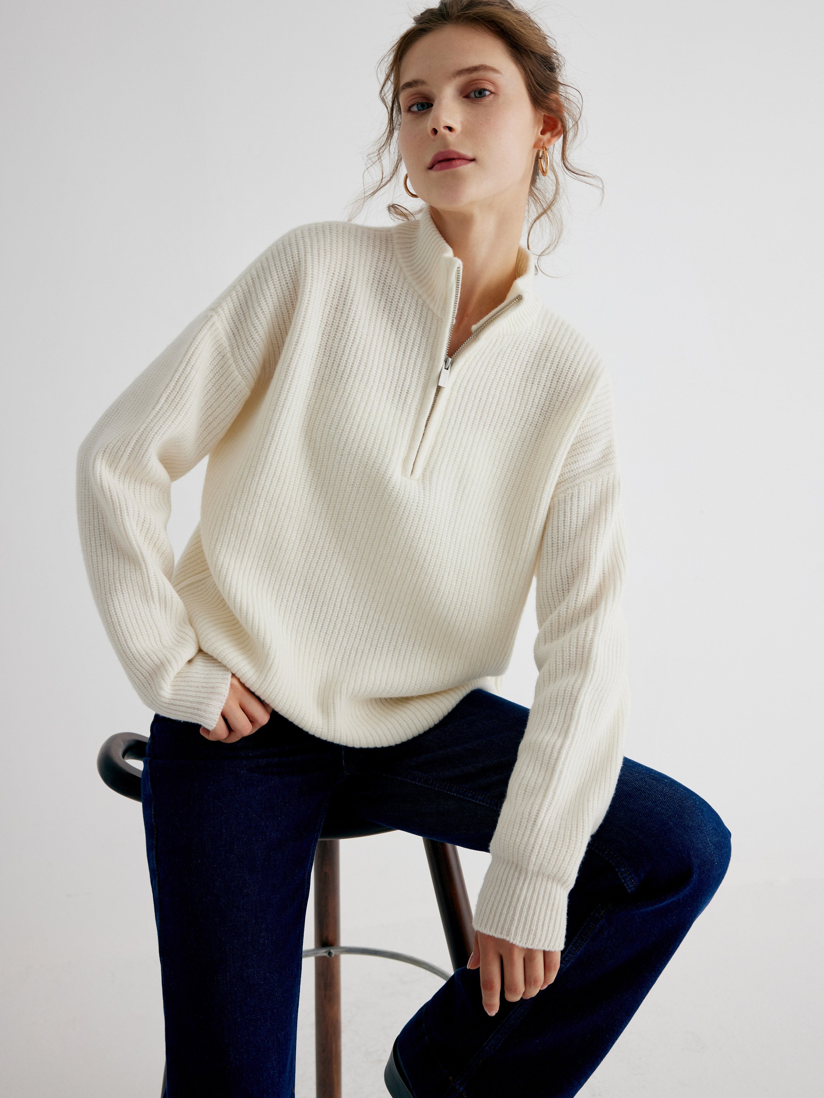 Rowan 100% Merino Wool White Quarter-Zip Relaxed Fit Pullover