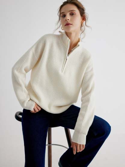 Rowan 100% Merino Wool White Quarter-Zip Relaxed Fit Pullover