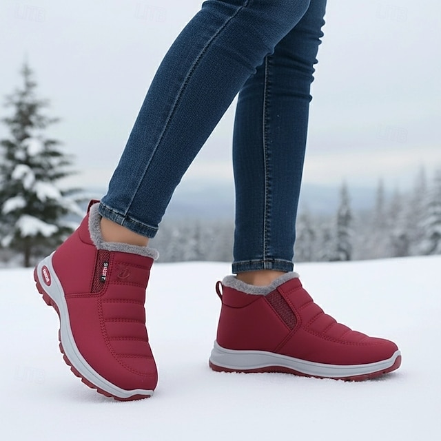 Women's Burgundy Waterproof Fleece-Lined Winter Boots – Warm Slip-On Snow Shoes with Anti-Slip Sole for Cold Weather, Outdoor Walking & Casual Daily Wear
