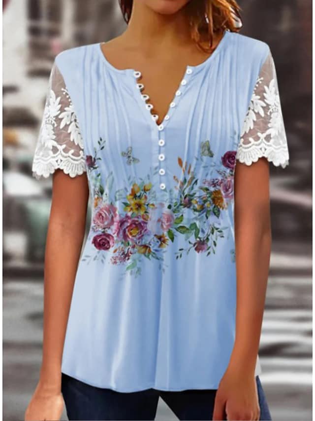 Women's Shirt Blouse White Light Green Pink Floral Lace Button Short S