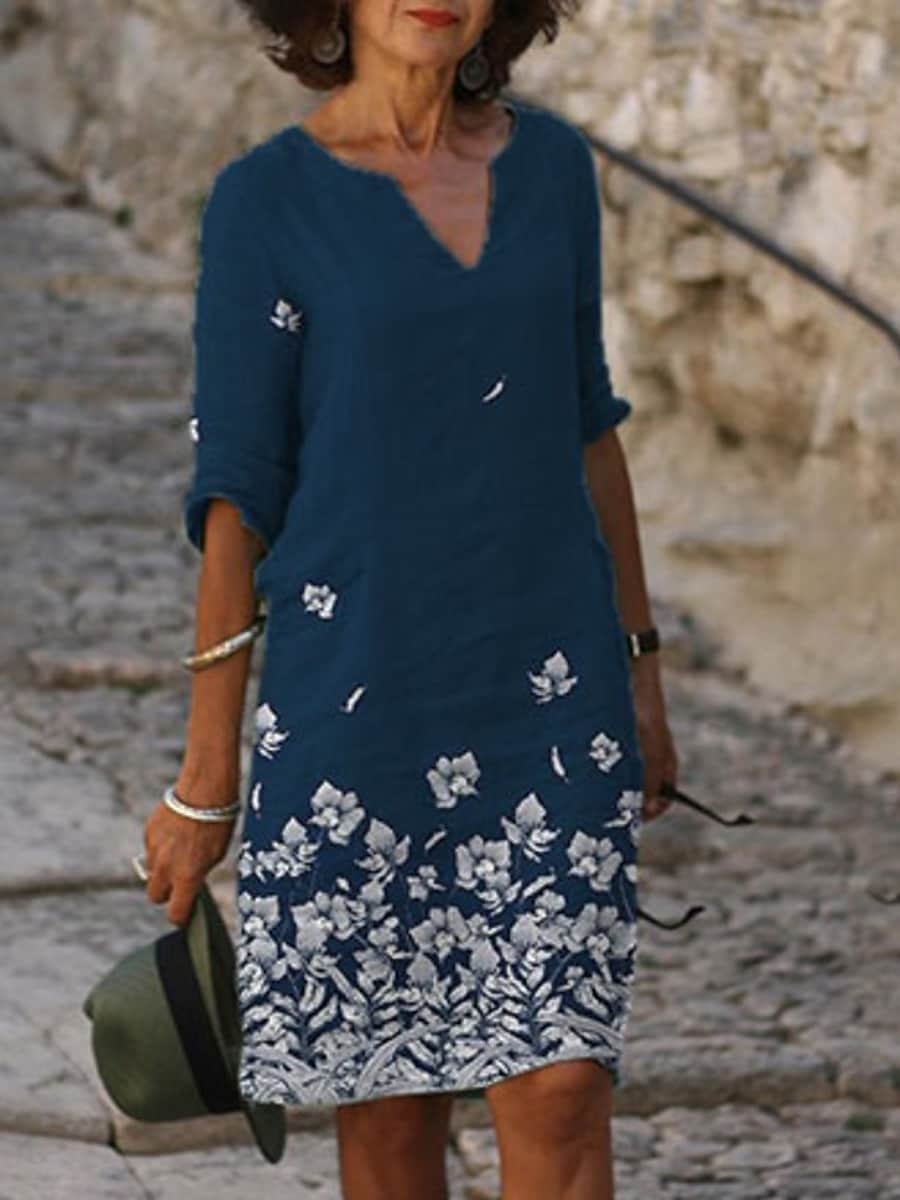 Women's Casual Dress Shift Dress Floral Print V Neck Midi Dress Active Fashion Outdoor Daily 3/4 Length Sleeve Loose Fit 