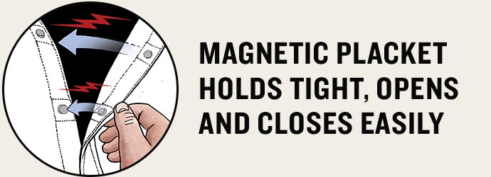 Magnetic placket holds tight, opens and closes easily