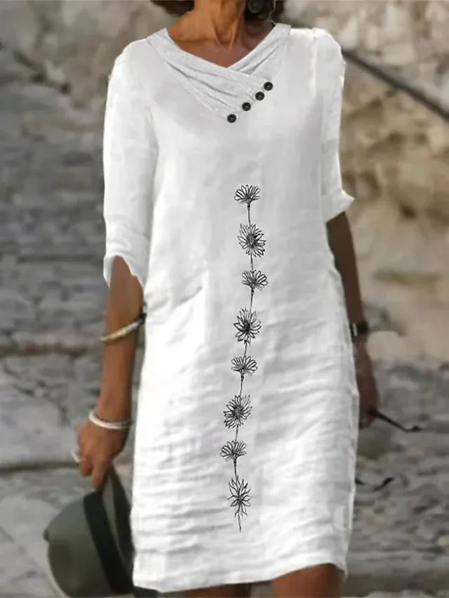 omen's  Cotton And Linen Casual Modern Daily Vacation V Neck Print Half Sleeve Summer Spring Fall 2023 Regular Fit