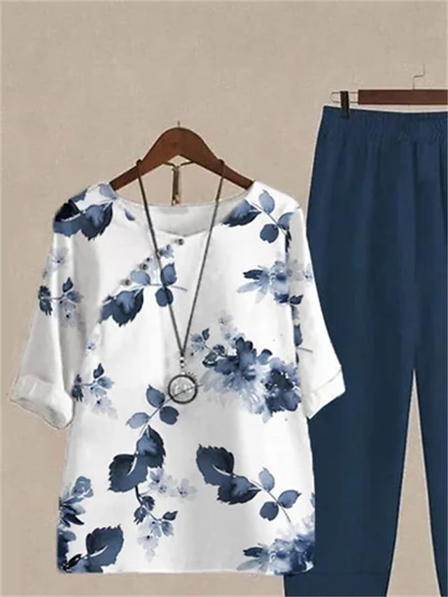 Women's Shirt Pants Sets Pants Trousers Basic Black Blue Holiday Weekend Floral Print Round Neck S M L XL 2XL
