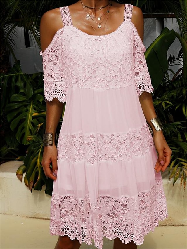 Women's Casual Dress Lace Dress Plain Lace Cut Out Strap Midi Dress Fashion Modern Outdoor Daily Short Sleeve Regular Fit 