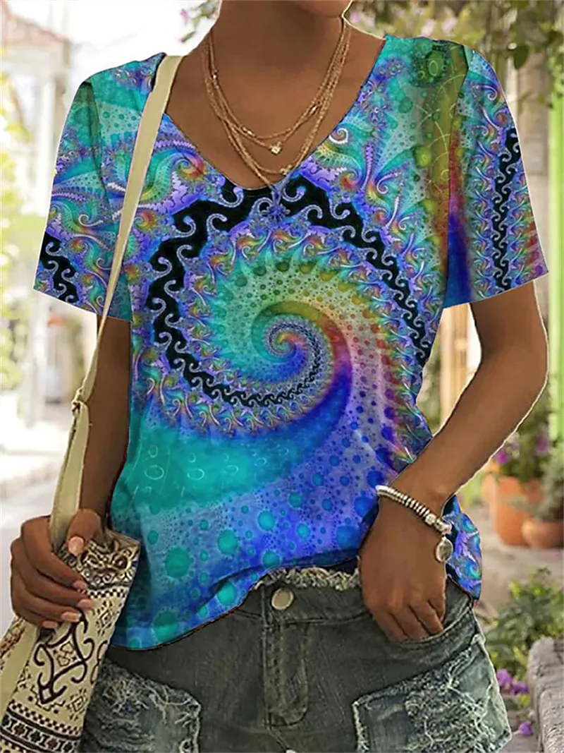 Women's T shirt Tee Yellow Red Blue Graphic Print Short Sleeve Daily Weekend Basic V Neck Regular Painting