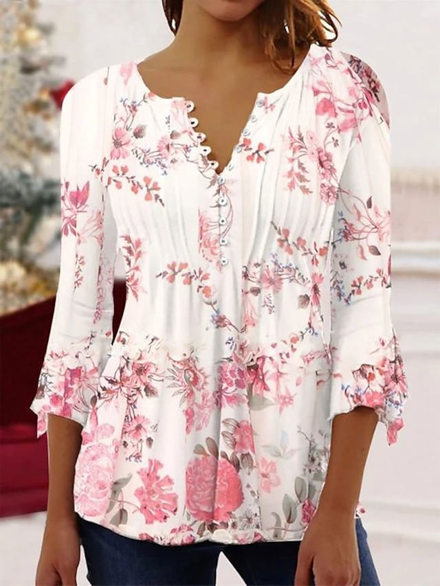 Women's Shirt Blouse White Light Green Pink Floral Button Print 3/4 Le