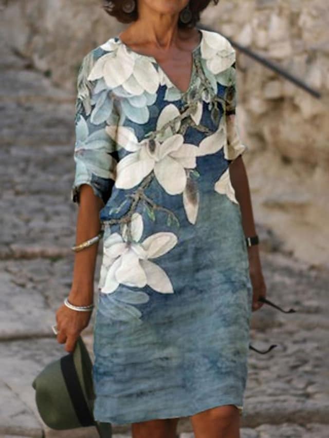 Women's Casual Dress Midi Dress Blue 3/4 Length Sleeve Floral Print Summer Spring V Neck Casual Loose Fit