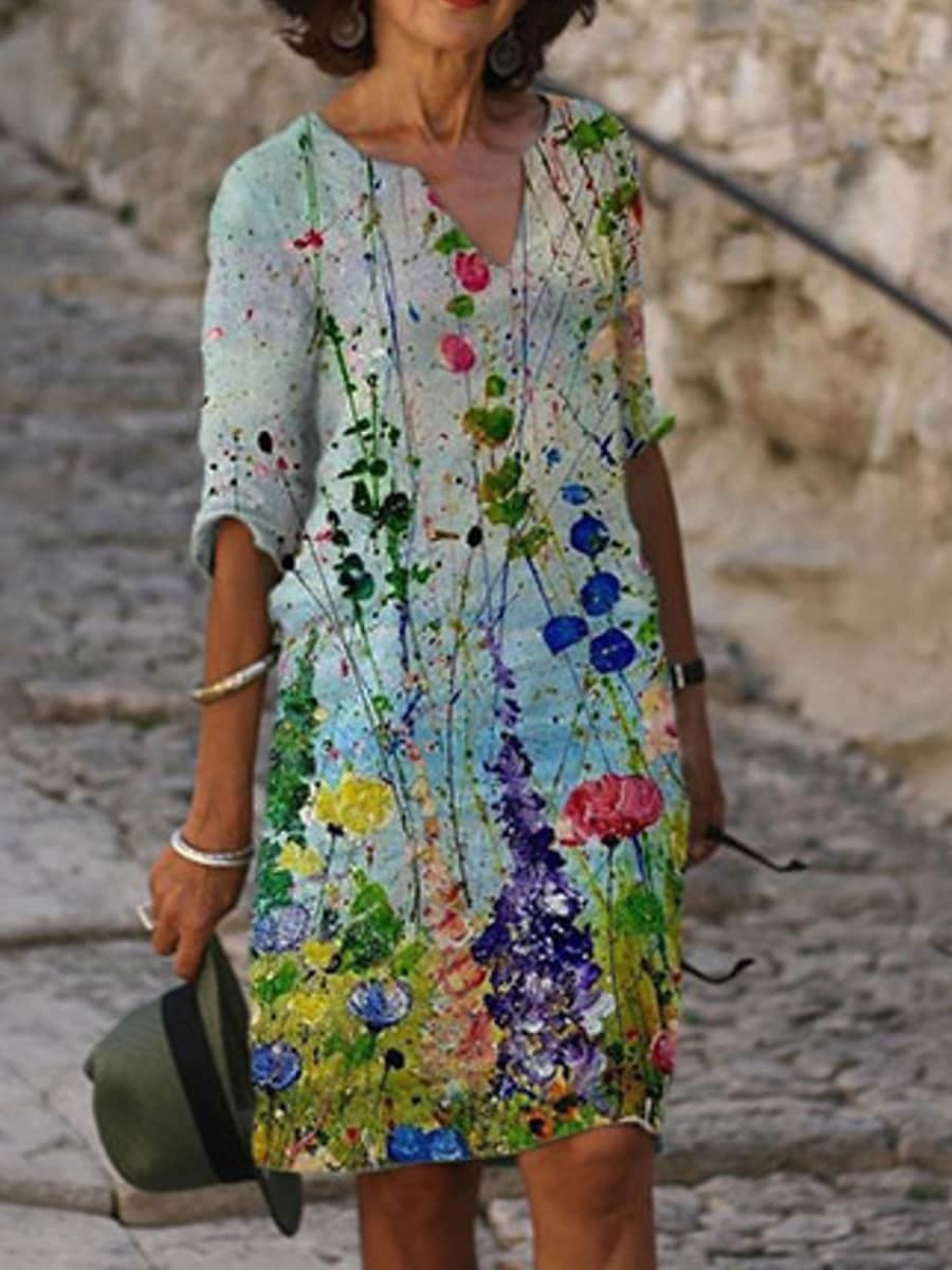 Women's Casual Dress Shift Dress Floral Print V Neck Midi Dress Active Fashion Outdoor Daily 3/4 Length Sleeve Loose Fit 