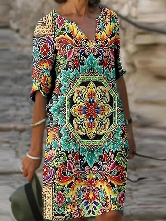 Women's Casual Dress Midi Dress Blue 3/4 Length Sleeve Floral Print Summer Spring V Neck Casual Loose Fit