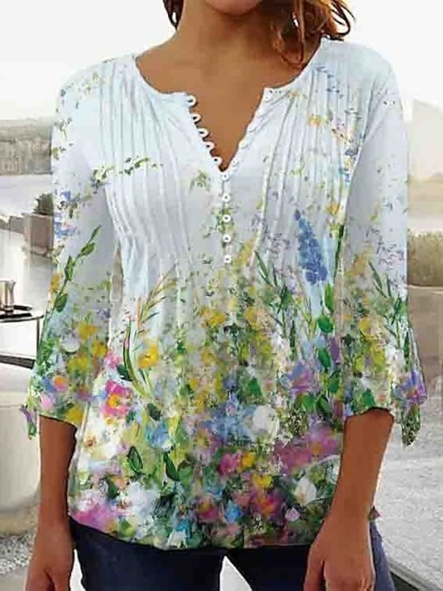 Women's Shirt Blouse White Light Green Pink Floral Button Print 3/4 Le