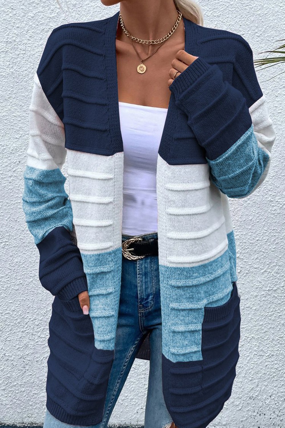 Casual Long sleeve Color Block Sweater Coat