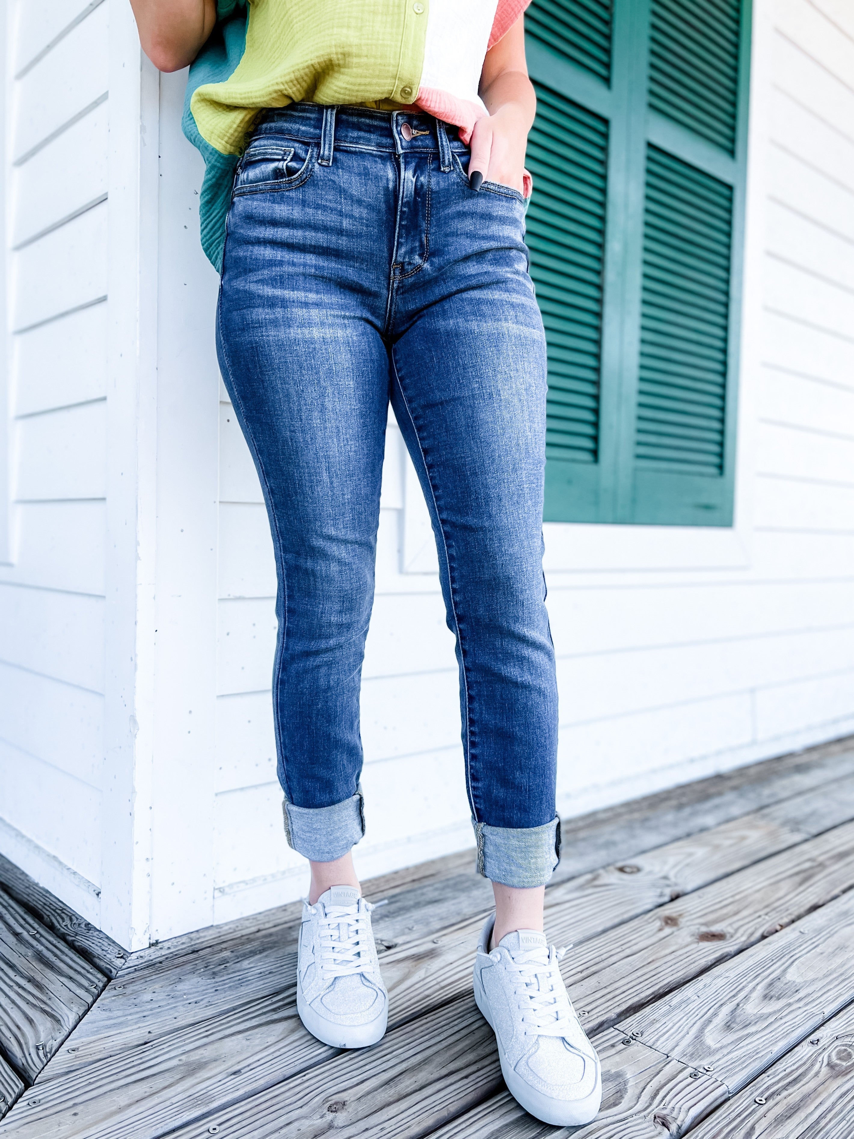   8 Days A Week  Medium Wash Mid Rise Skinny jeans with Handsanding