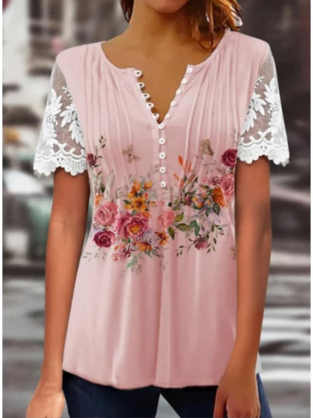 Women's Shirt Blouse White Light Green Pink Floral Lace Button Short S