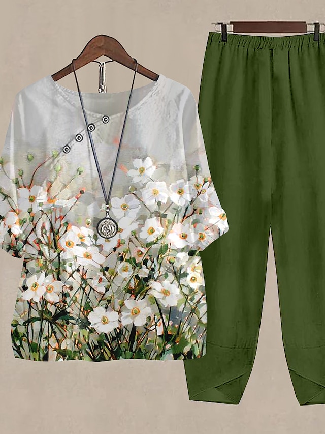 Women's Shirt Pants Sets Pants Trousers Basic Black Blue Holiday Weekend Floral Print Round Neck S M L XL 2XL