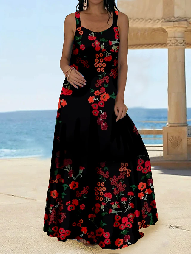 Women's Long Dress Maxi Dress Swing Dress Sundress Summer Dress Floral Fashion Casual Vacation Beach Weekend Print Sleeveless Strap Dress Loose Fit Black Spring Summer 