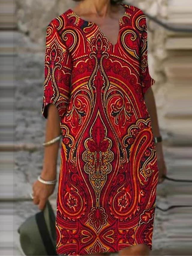 Women's Casual Dress Midi Dress Blue 3/4 Length Sleeve Floral Print Summer Spring V Neck Casual Loose Fit