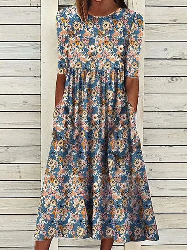 Casual Round Neck Pocket Short Sleeve Printed Dress