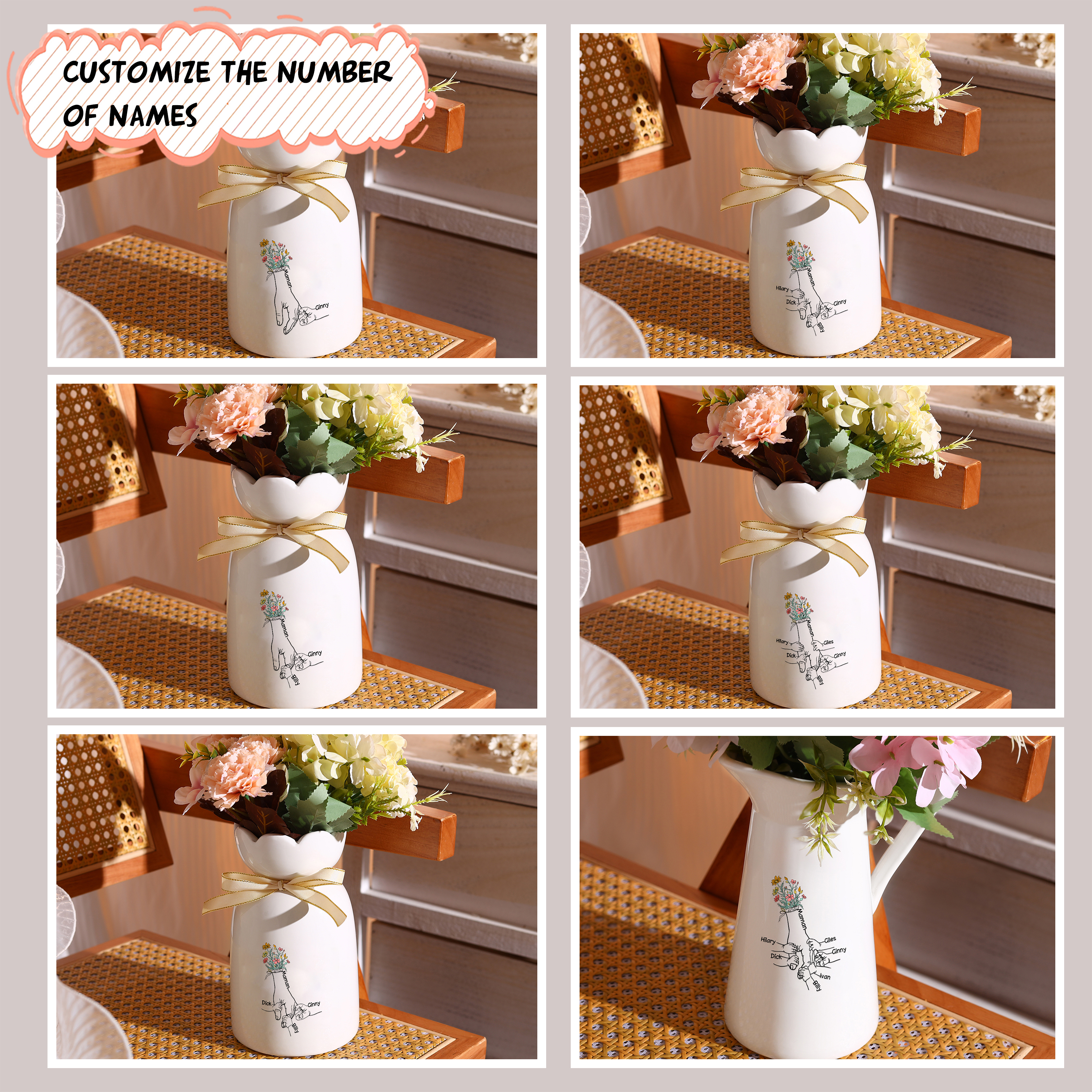 À Maman/Mamie - Vase en Céramique Personnalisés avec 2-7 Prénoms Vase la Main dans la Main (sans fleurs) | Jessemade