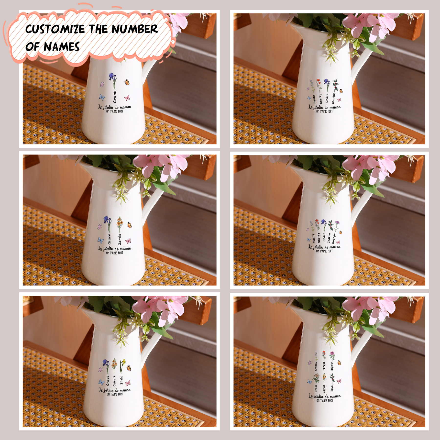 À Maman/Mamie - Vase Personnalisé 1-6 Prénoms et Fleurs de Naissance avec 2 Textes Vase Forme Pichet en Céramique (sans fleurs) | Jessemade