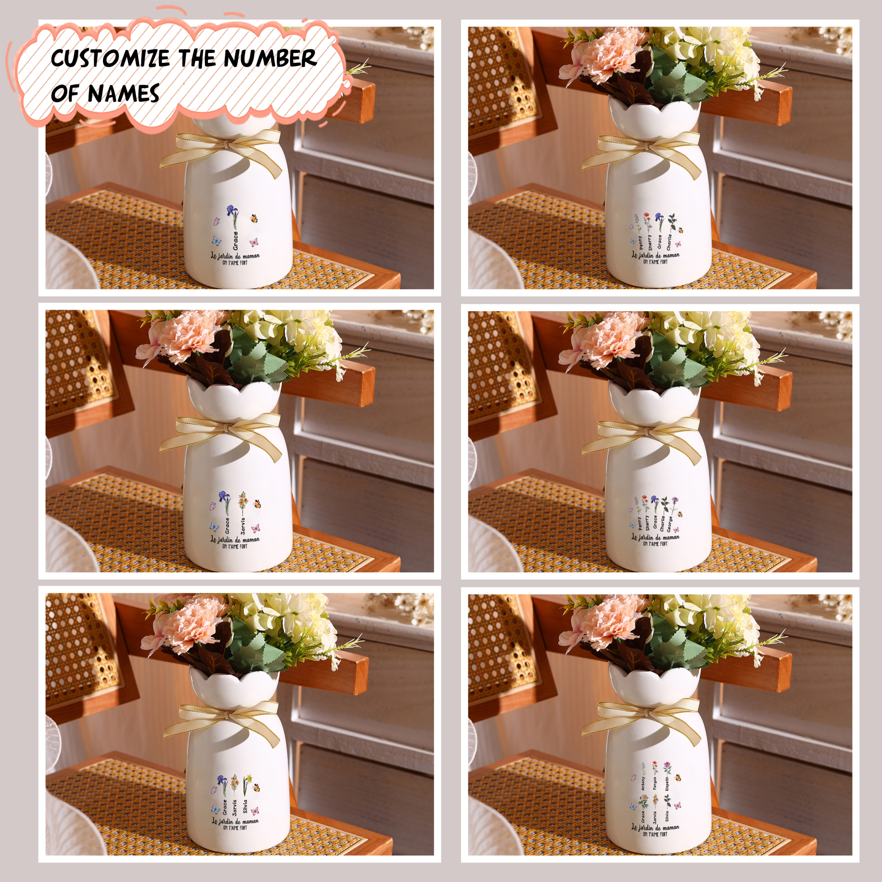 À Maman/Mamie - Vase Personnalisés avec 1-6 Prénoms et 2 Textes Vase en Céramique (sans fleurs) | Jessemade