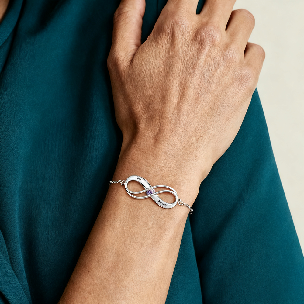 Bracelet Infini en Argent 925 réglable personnalisé avec 2 Pierres de Naissance et Noms