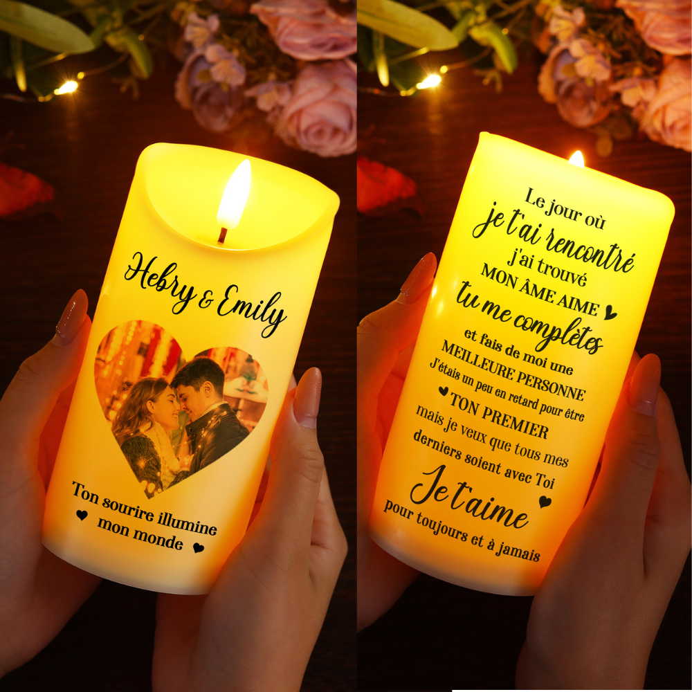 Bougie Électronique Personnalisée avec Photo et 2 Prénoms Bougie LED Cadeau Coffret pour Couple | Jessemade