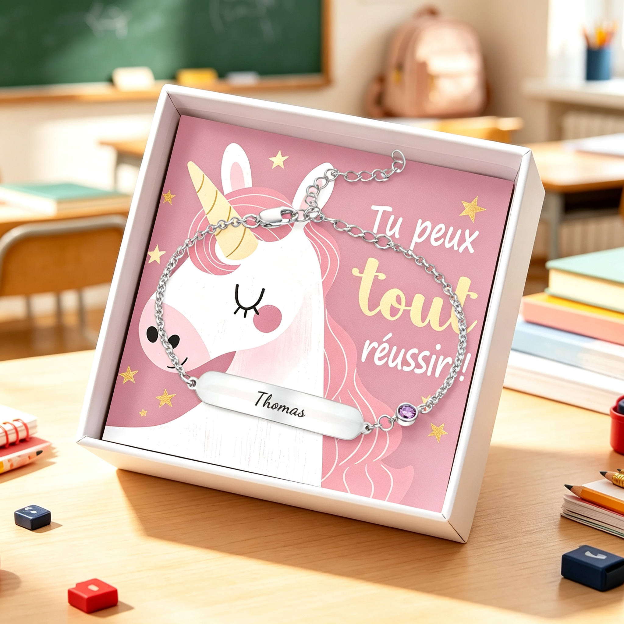 Bracelet Enfant Personnalisé Prénom Gravé, avec Carte messesage « Tu peux tout réussir ! »