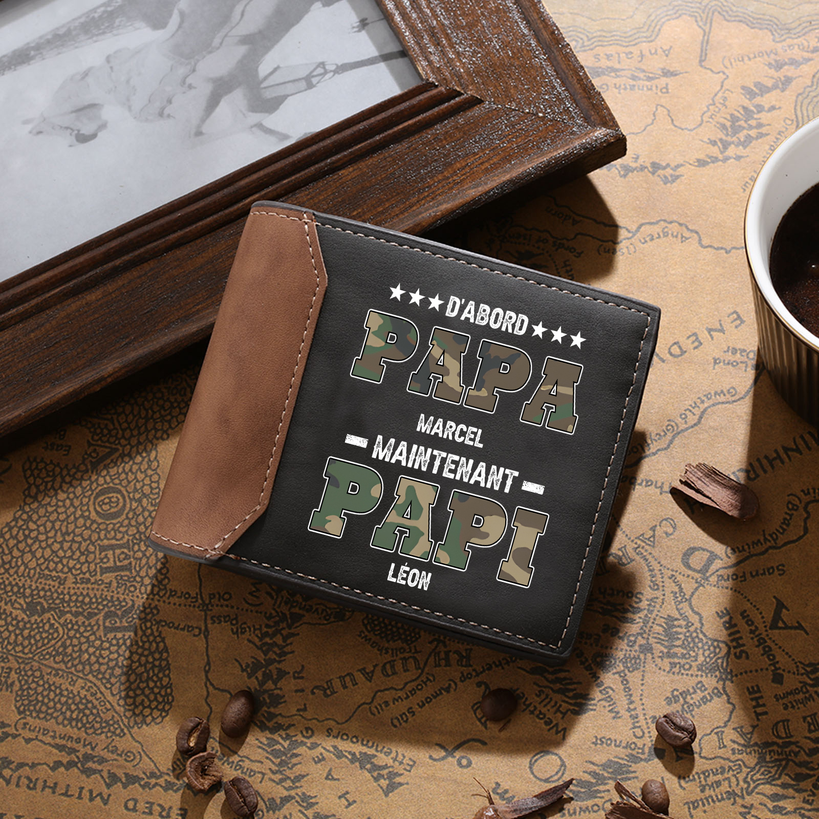 À Papa/Papi - Portefeuille Homme 2 Prénoms Personnalisés avec couleur de camouflage Porte-Monnaie pour Homme | Jessemade