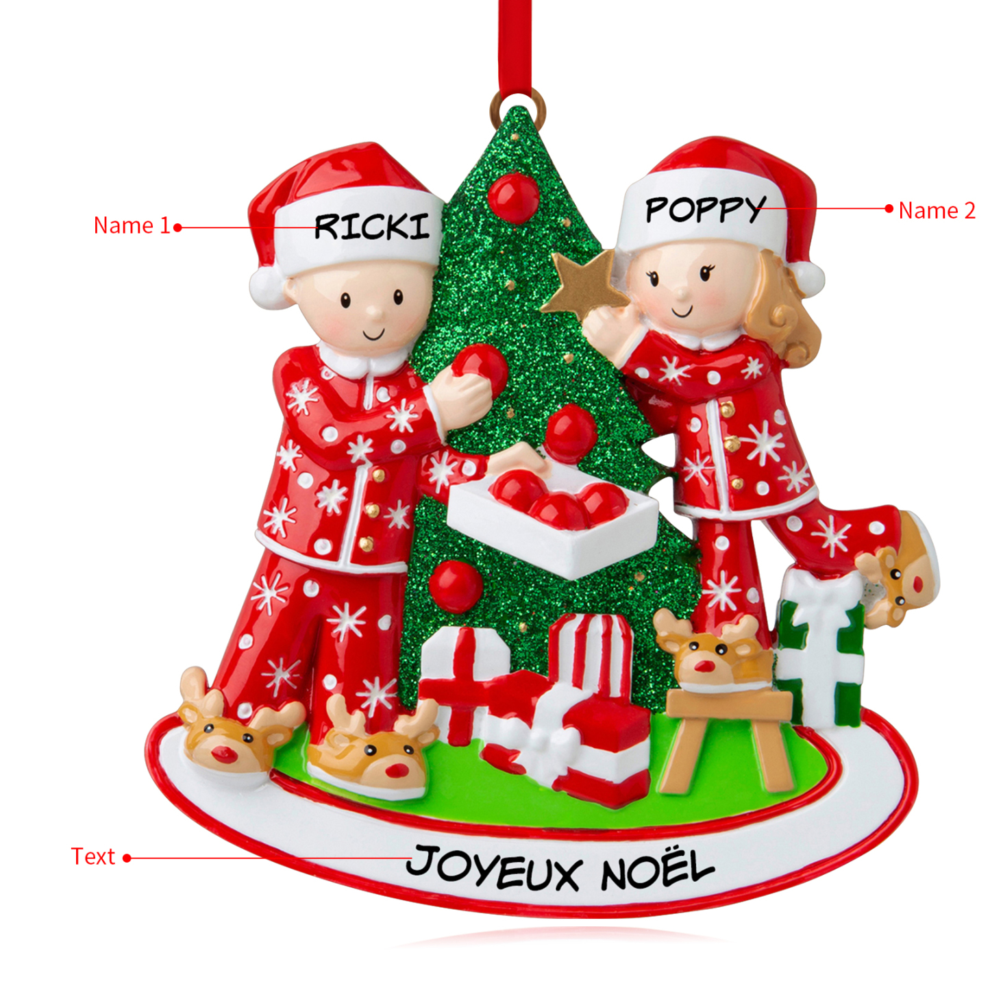 Décoration Sapin Noël 2 Prénoms Personnalisés avec Texte Ornement Sapin en Bois Cadeau pour Couple Saint valentin | Jessemade