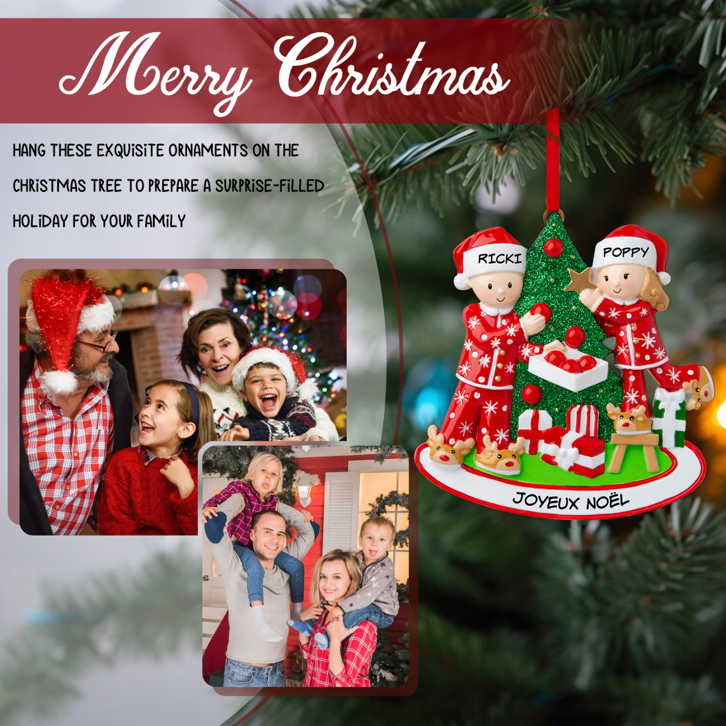 Décoration Sapin Noël 2 Prénoms Personnalisés avec Texte Ornement Sapin en Bois Cadeau pour Couple Saint valentin | Jessemade