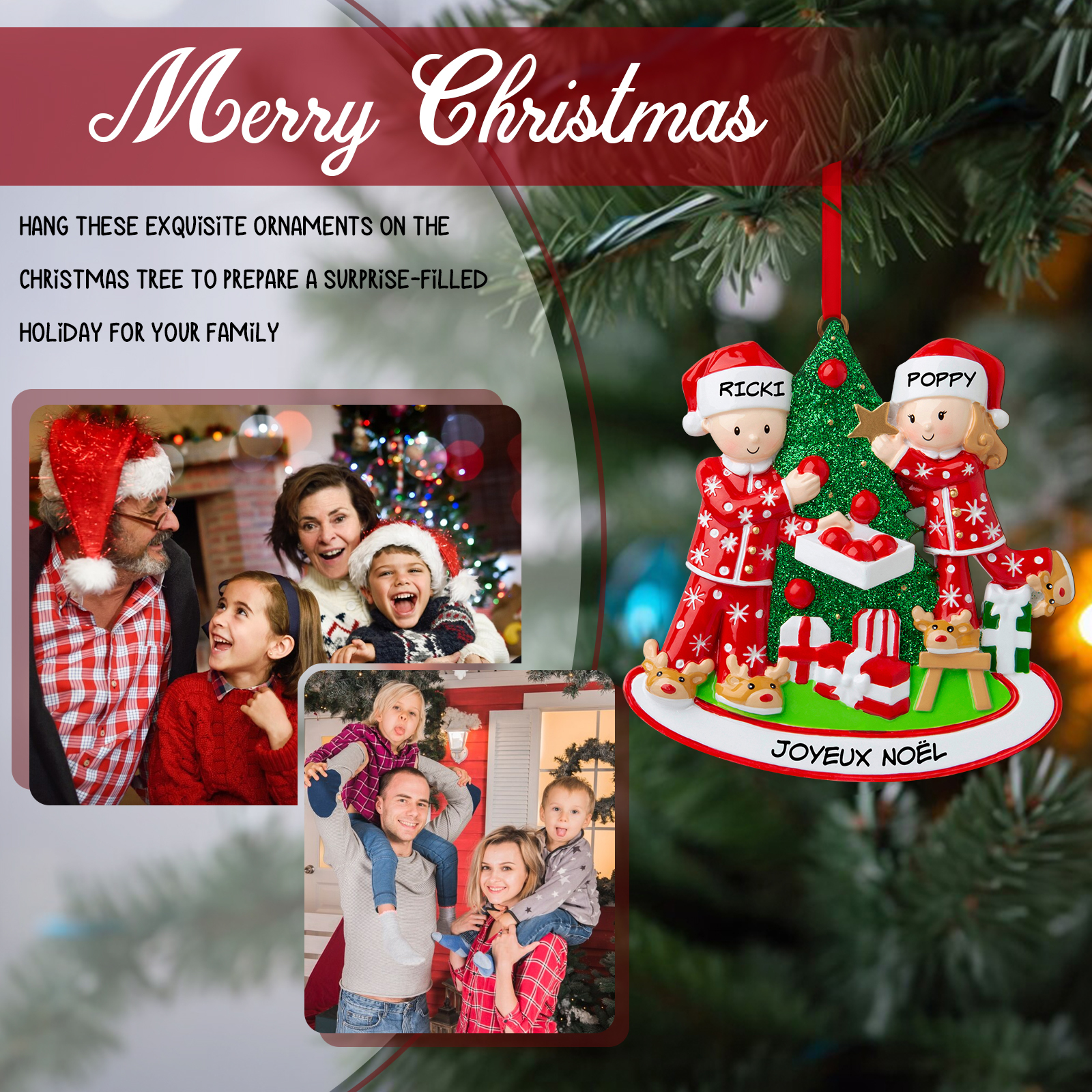 Décoration Sapin Noël 2 Prénoms Personnalisés avec Texte Ornement Sapin en Bois Cadeau pour Couple Saint valentin | Jessemade